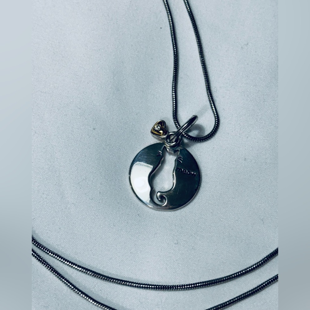 Brighton Cat's Meow w Heart Charm Necklace Long 32-34” Silver Plated Adorable - Picture 4 of 5
